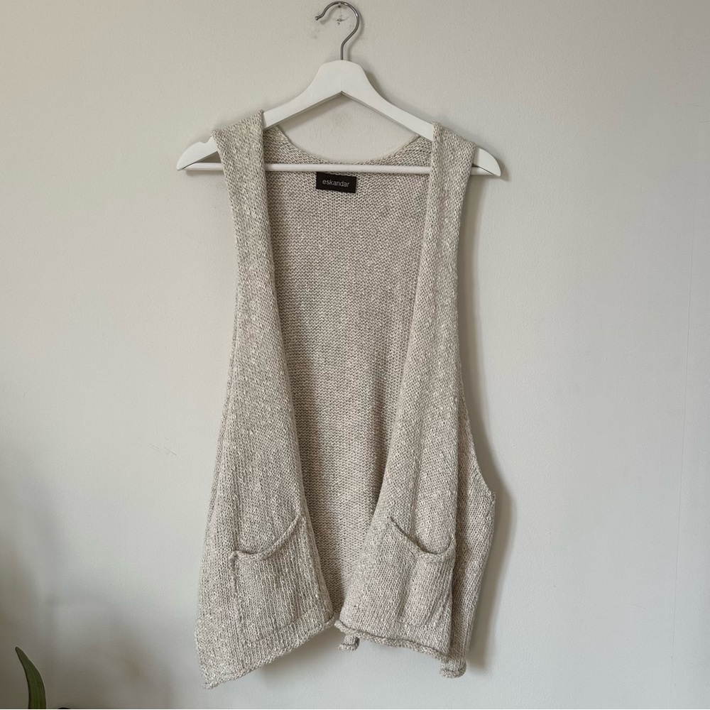 Eskandar Cotton Linen Blend Rolled Open Front Sweater Vest One Size